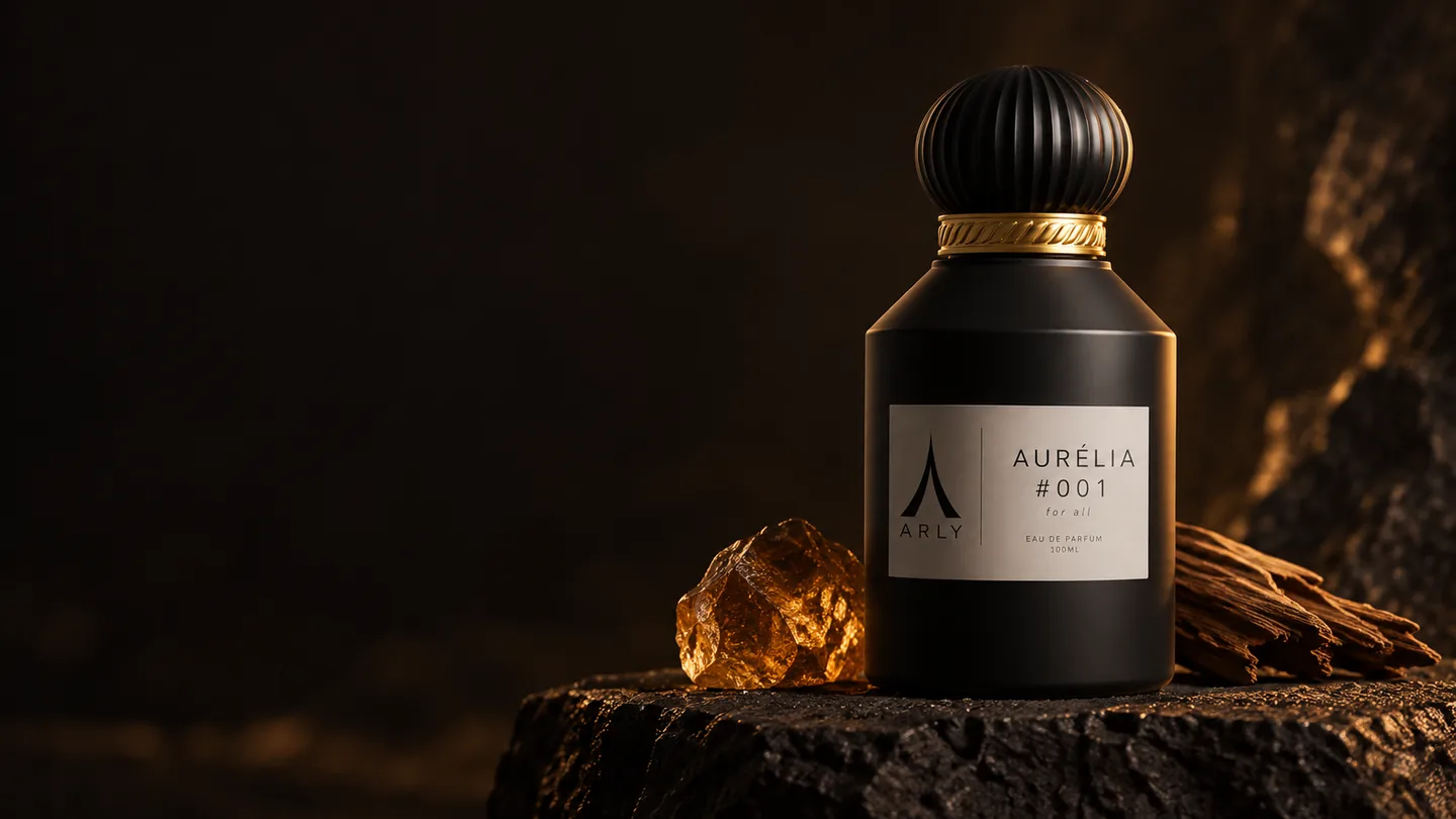 AURÉLIA #001, a black and gold ARLY bottle on dark stone.
